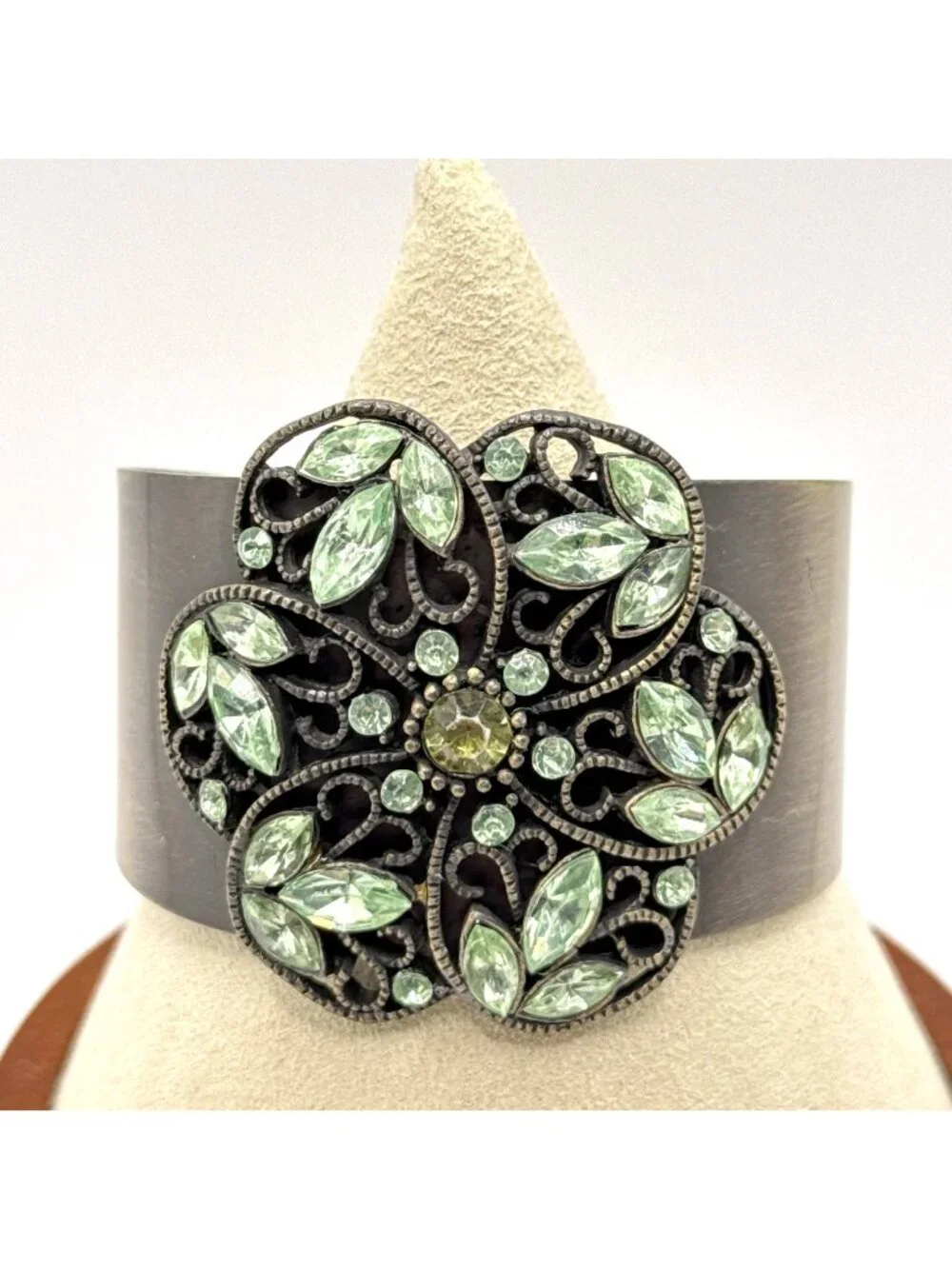 Brass Cuff Bracelet Filigree Floral Medallion Light Green Rhinestones Boho Art